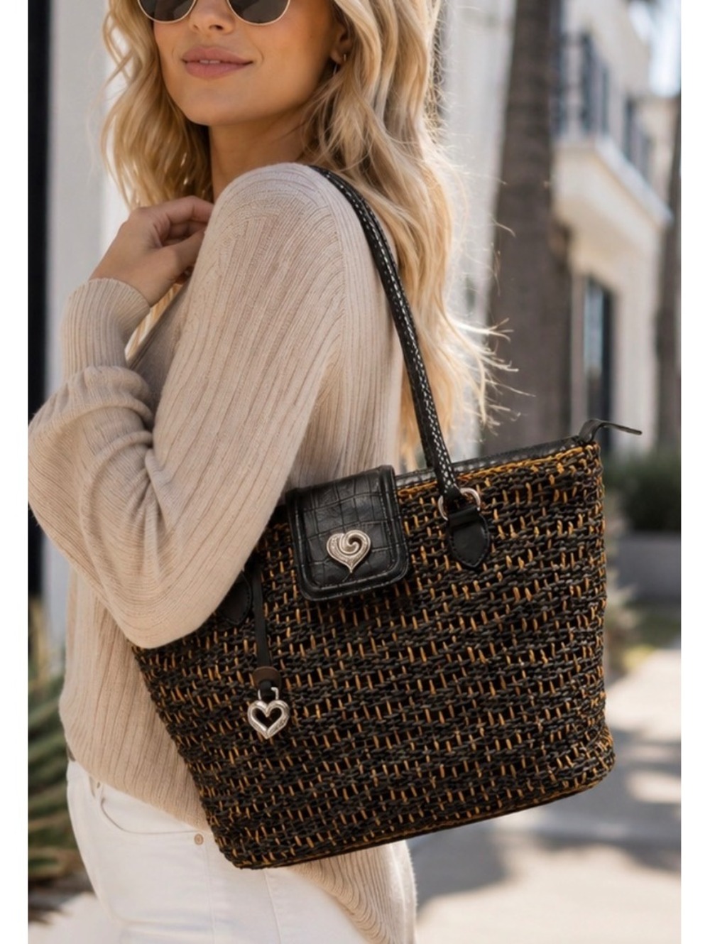 Brighton Woven Straw Raffia Tote Bag Leather Trim Heart Charm Brown Black
